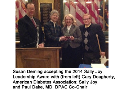 Susan Deming accepting the 2014 Sally Joy Leadership Award with (from left) Gary Dougherty, American Diabetes Association; Sally Joy; Suan Deming; and Paul Dake, MD, DPAC Co-Chair