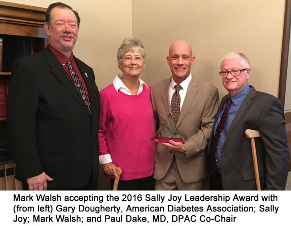 Mark Walsh accepting the 2016 Sally Joy Leadership Award with (from left) Gary Dougherty, American Diabetes Association; Sally Joy; Mark Walsh; and Paul Dake, MD, DPAC Co-Chair